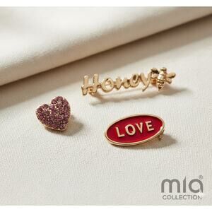 Mia Brooch Pin Set Gold Tone Love Honey Bee Pink Rhinestone Heart Red Enamel 3Pc